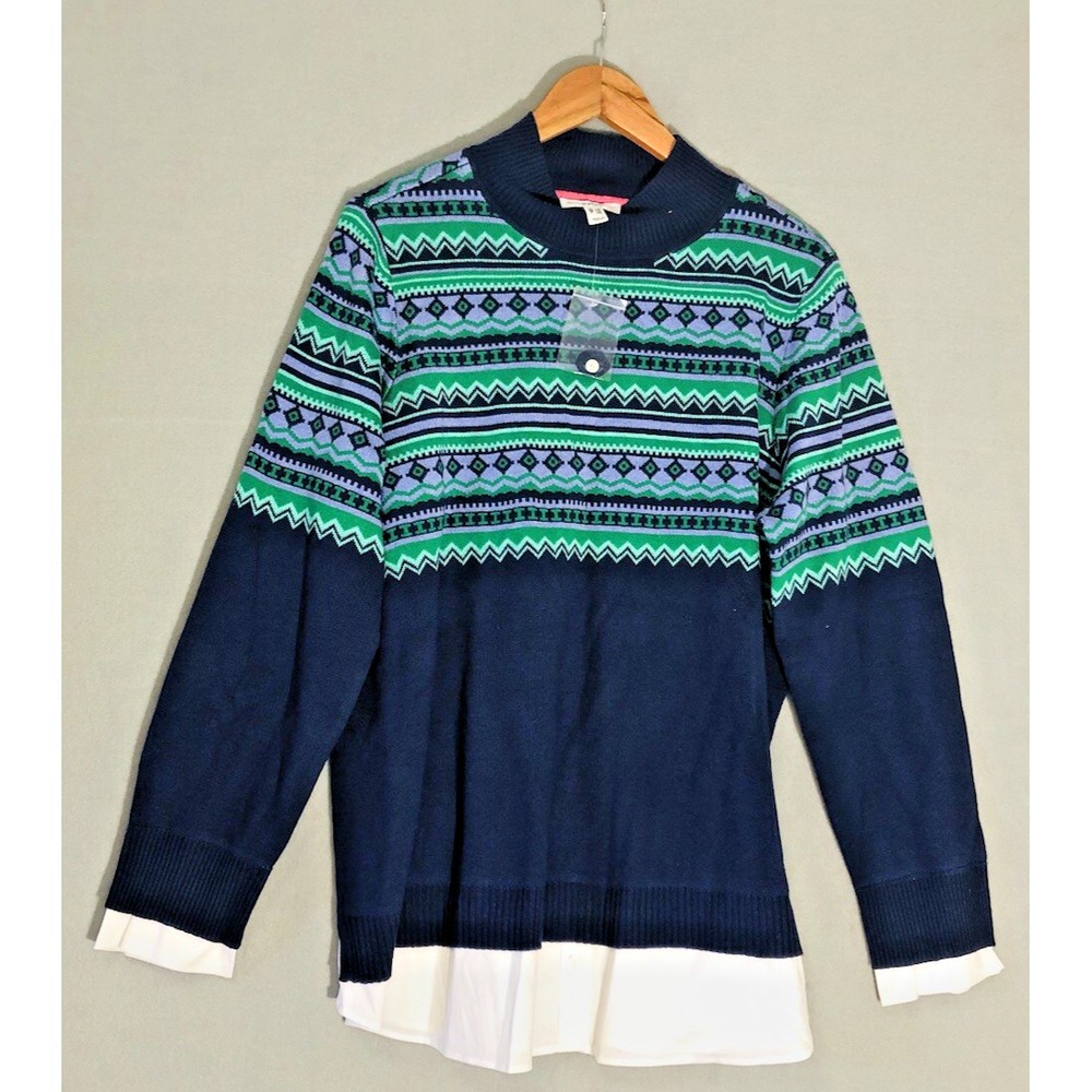 Isaac Mizrahi Live! - Mock-Neck Fair Isle Jacquard Sweater Top - Navy Blue NEW